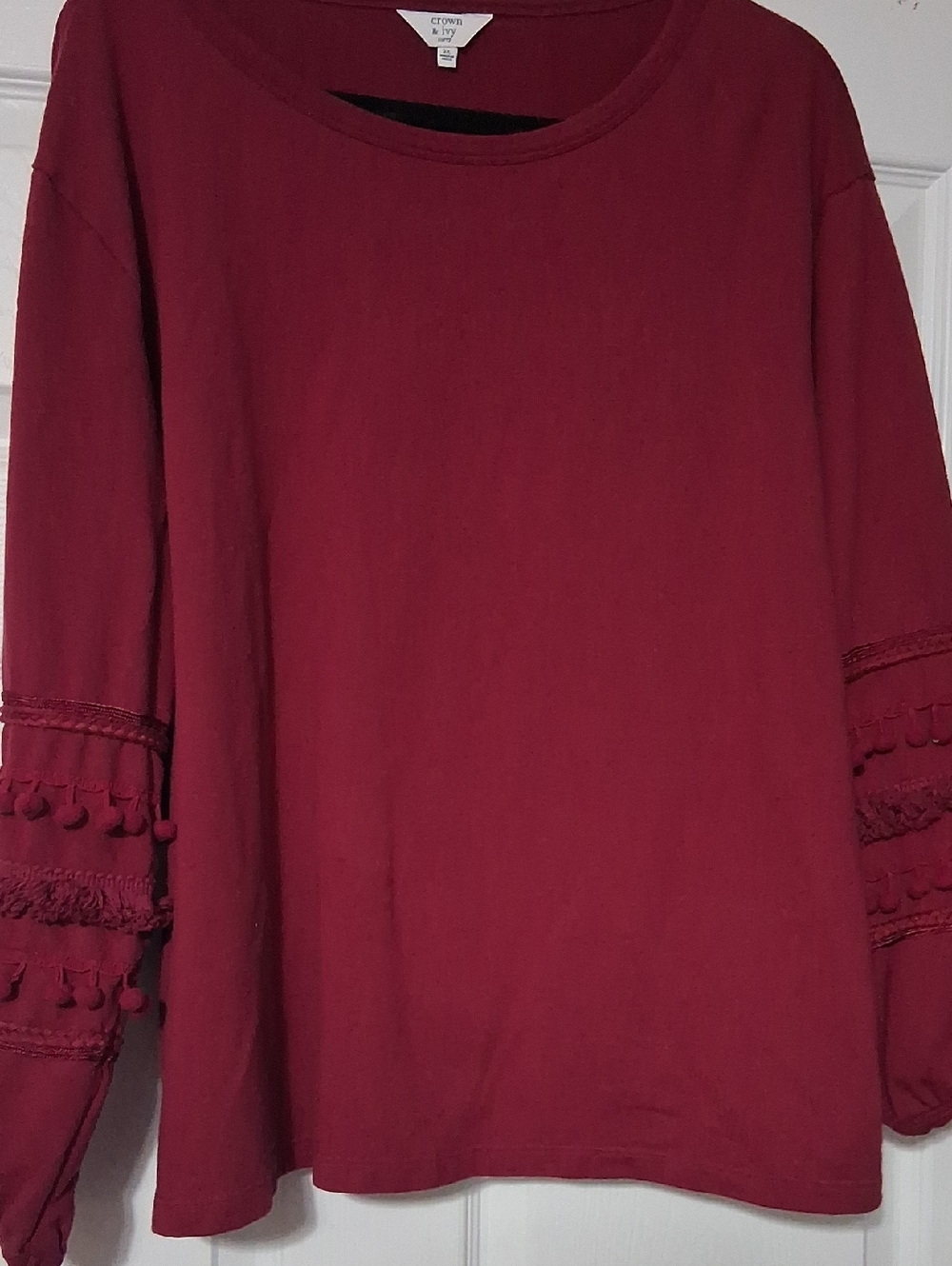 crown & ivy Burgundy Pom-Trim Long Sleeve Top Sz 2X $24